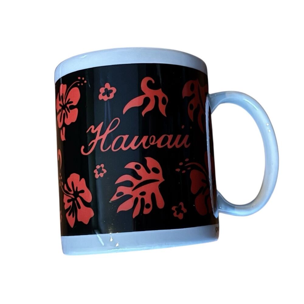 VTG 2001 Hawaii Coffee Mug Floral Red Black Souvenir Tea Cocoa Cup Y2K Travel
